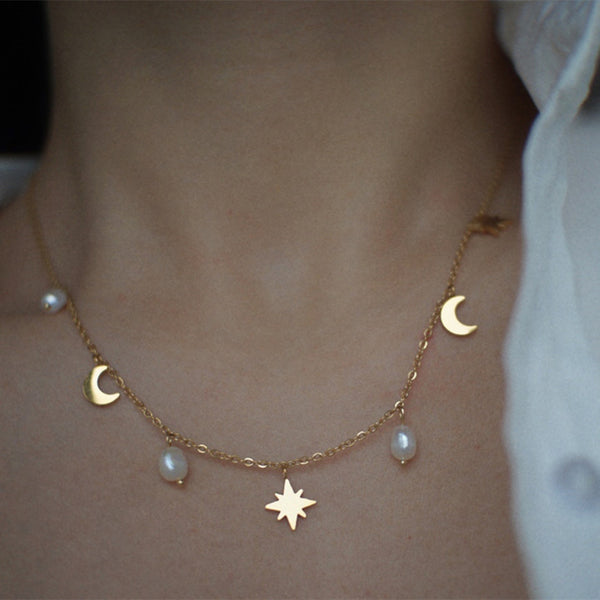 Moons and Stars Faux Pearl Necklace