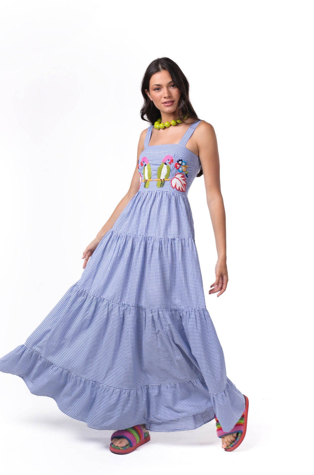 "Lorraine" Blue Plaid Parrot Maxi Dress