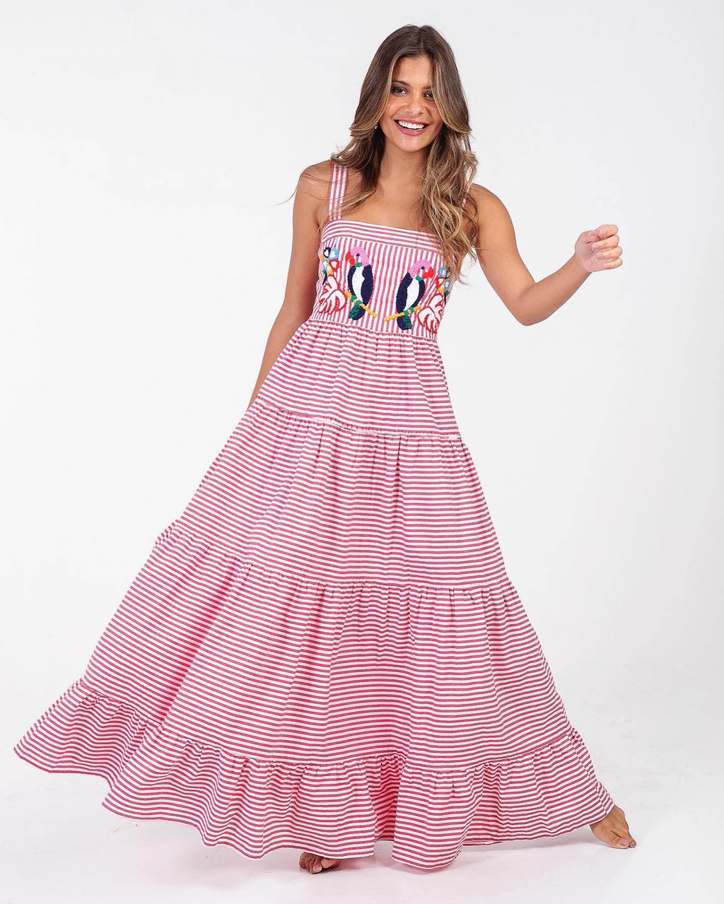 "Irene" Pink Striped Parrot Maxi Dress