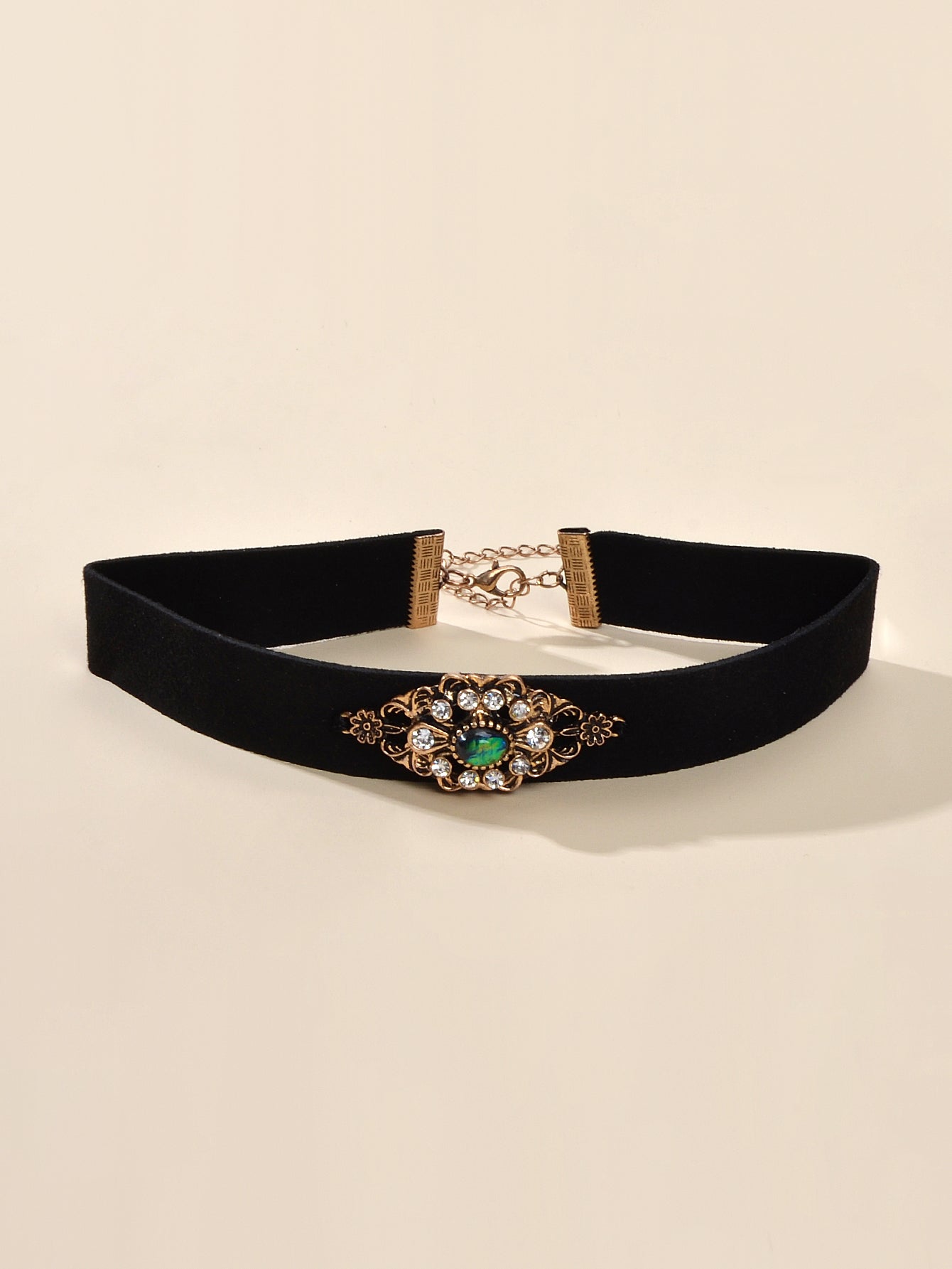 90s Retro Antique Gold Flower Black Velvet Tattoos Choker Necklace Gothic Collar-2