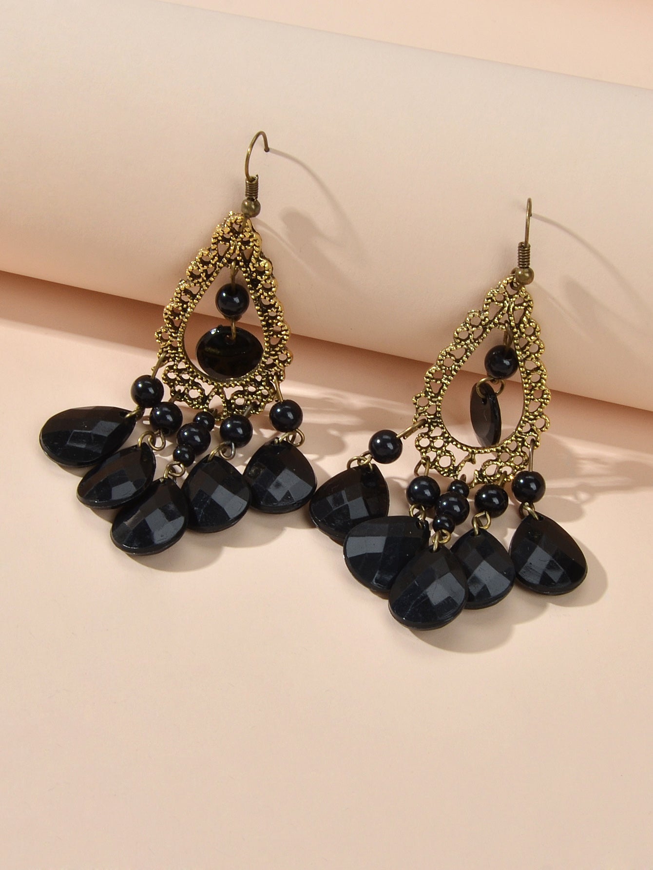 Bohemian Retro Jewellery Black Water Drop Beads Antique Gold Chandelier Earrings-1