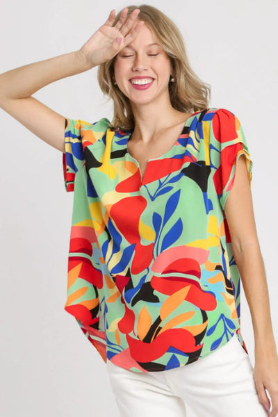 Umgee Short Sleeved Abstract Print Top