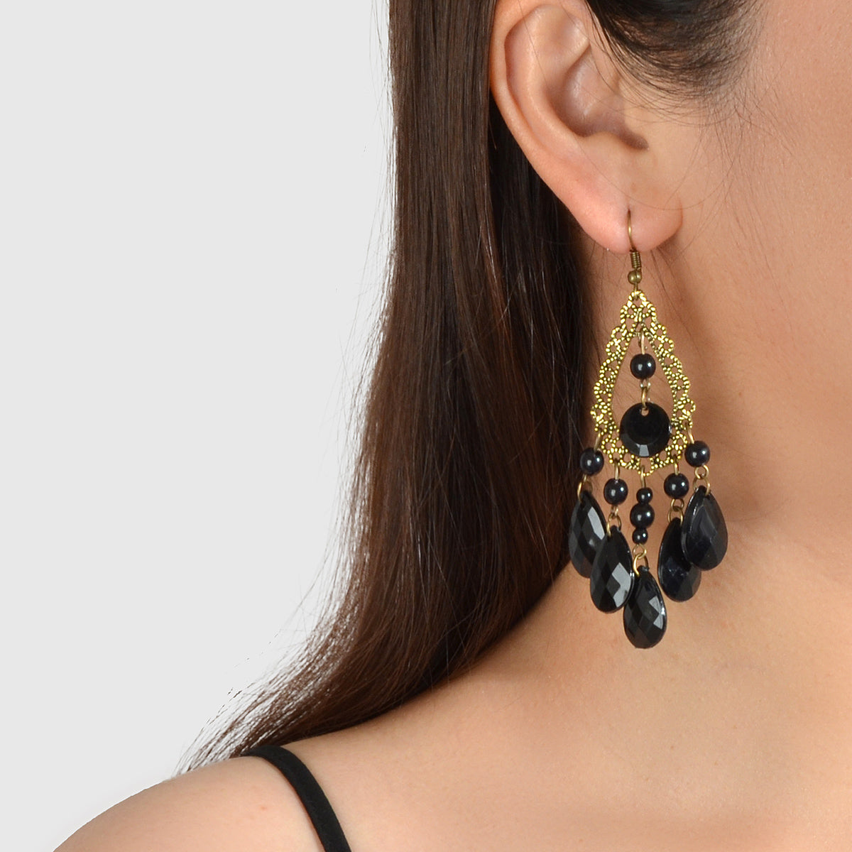 Bohemian Retro Jewellery Black Water Drop Beads Antique Gold Chandelier Earrings-0
