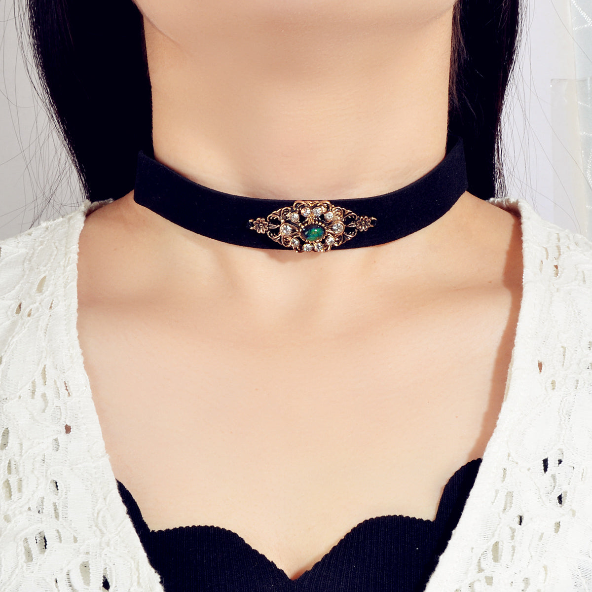 90s Retro Antique Gold Flower Black Velvet Tattoos Choker Necklace Gothic Collar-0