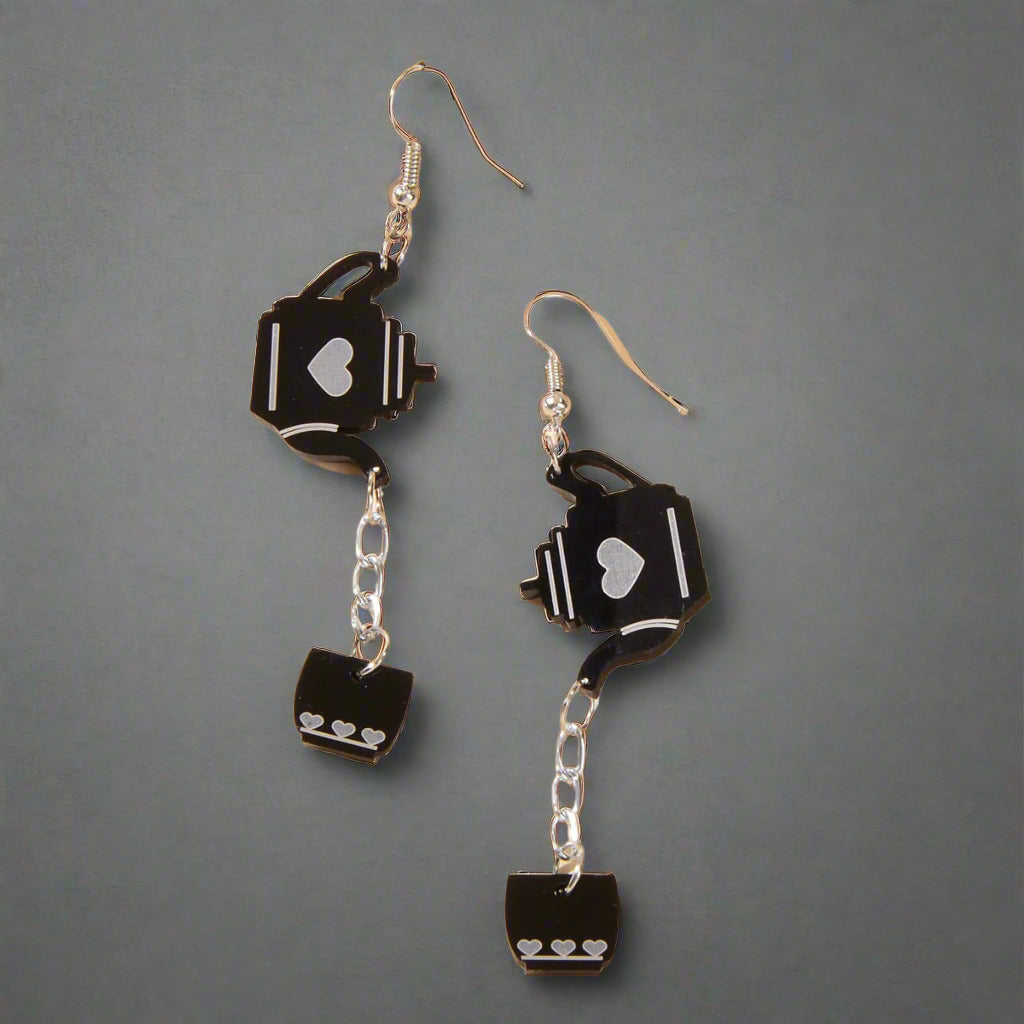 Heart Pattern Black Resin Teapot Cup Dangle Punk Hip Hop Earrings Teens Jewelry-0