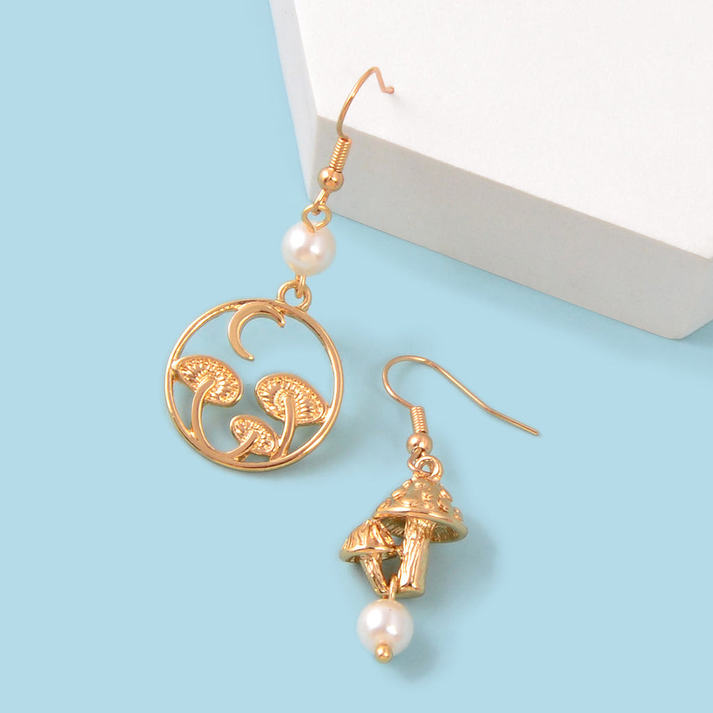 Asymmetrical Design Magical Gold Mushroom Moon Pearl Charm Dangle Earrings Gift-0