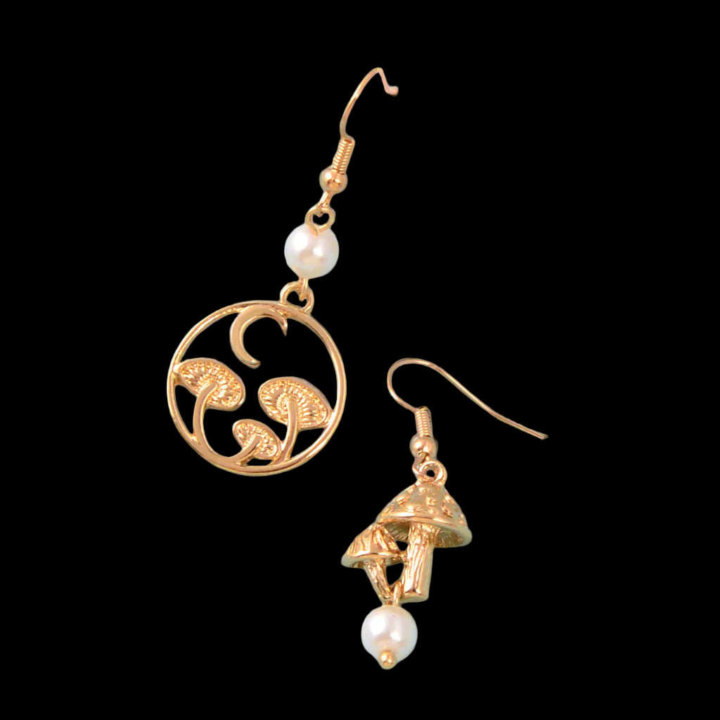 Asymmetrical Design Magical Gold Mushroom Moon Pearl Charm Dangle Earrings Gift-0