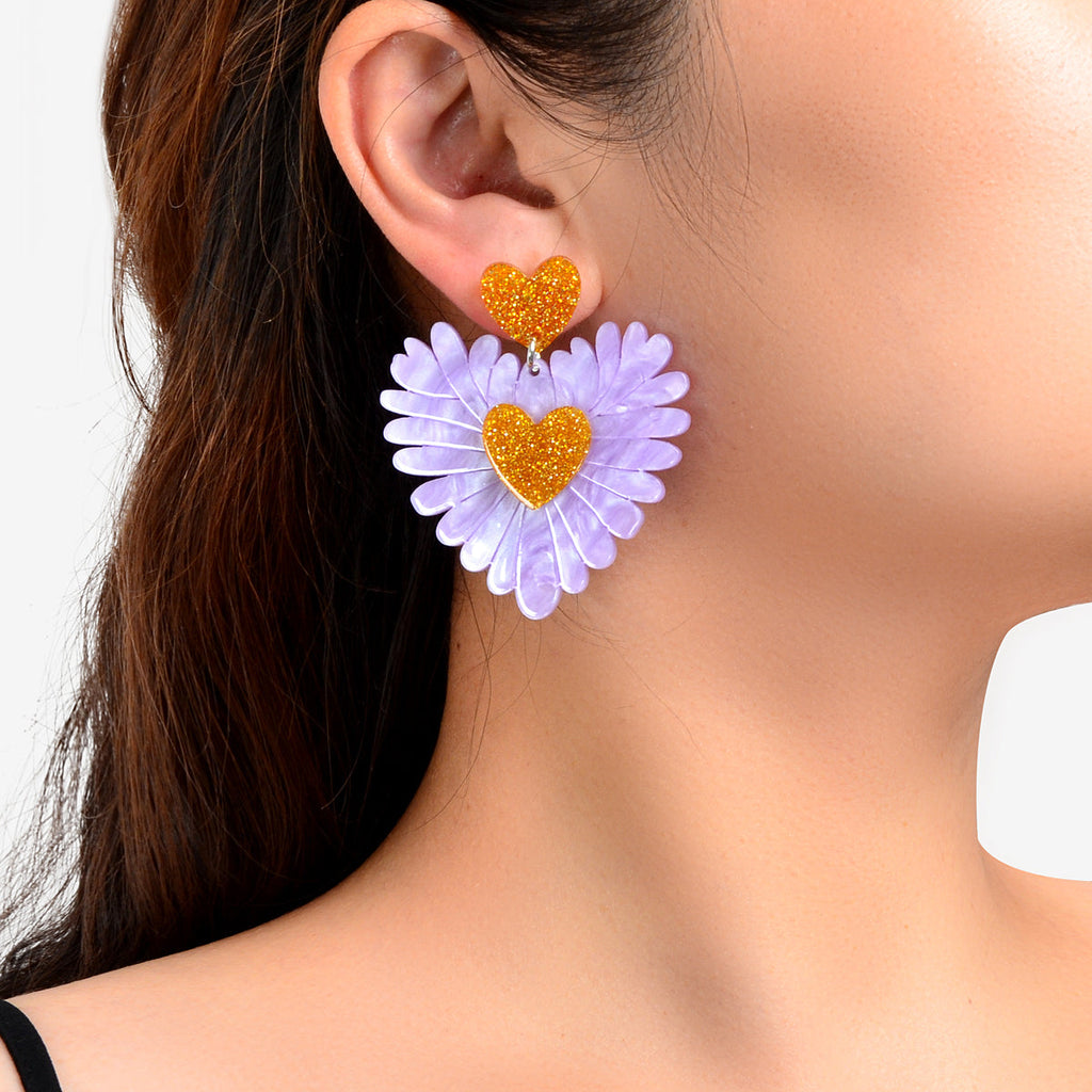 Sweet Holiday Acrylic Purple Flower Heart Earrings Valentine's Day Gift Jewelry-0