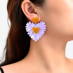 Sweet Holiday Acrylic Purple Flower Heart Earrings Valentine's Day Gift Jewelry-0 width=100 