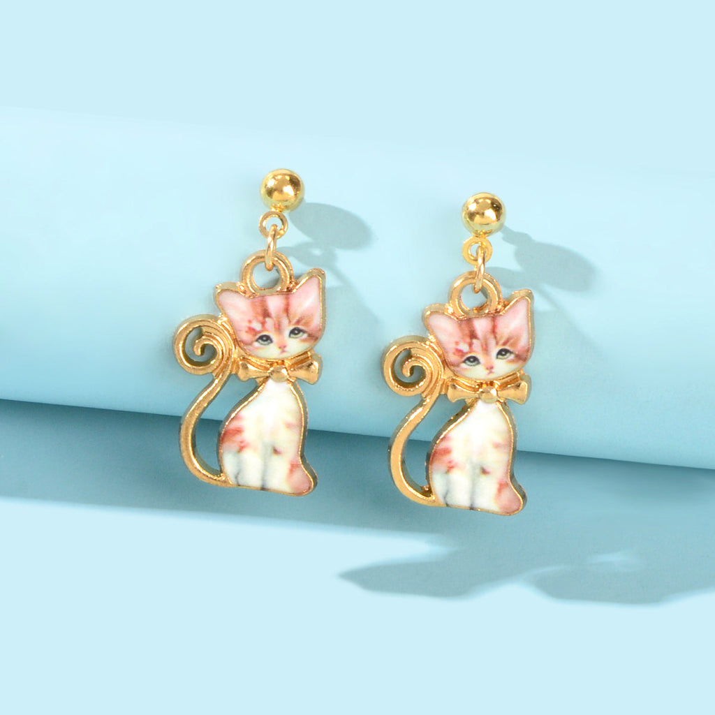 Pink Enamel Aesthetic Funny Cartoon Kitten Drop Dangling Cat Animal Earrings-0