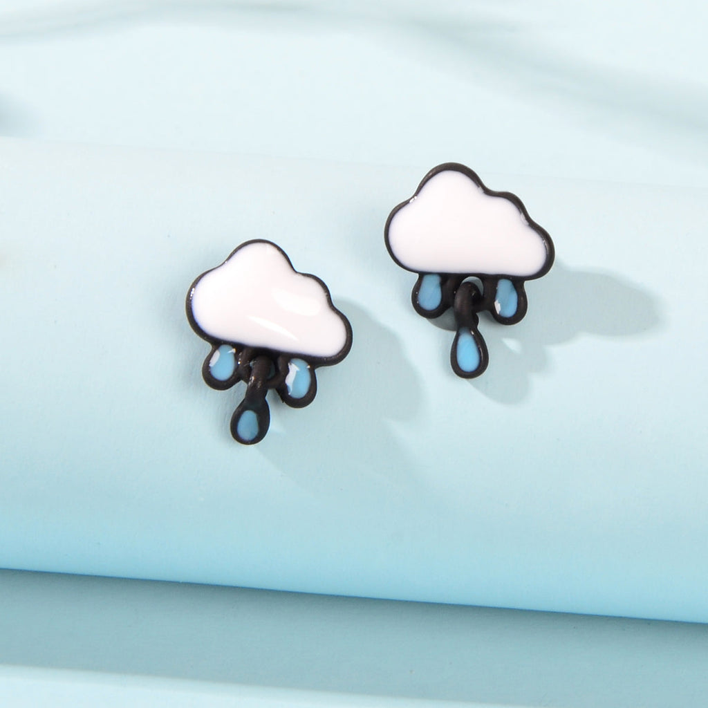 Enamel Alloy Cute White Cloud Blue Raindrop Stud Earrings Cartoon Jewellery Gift-0