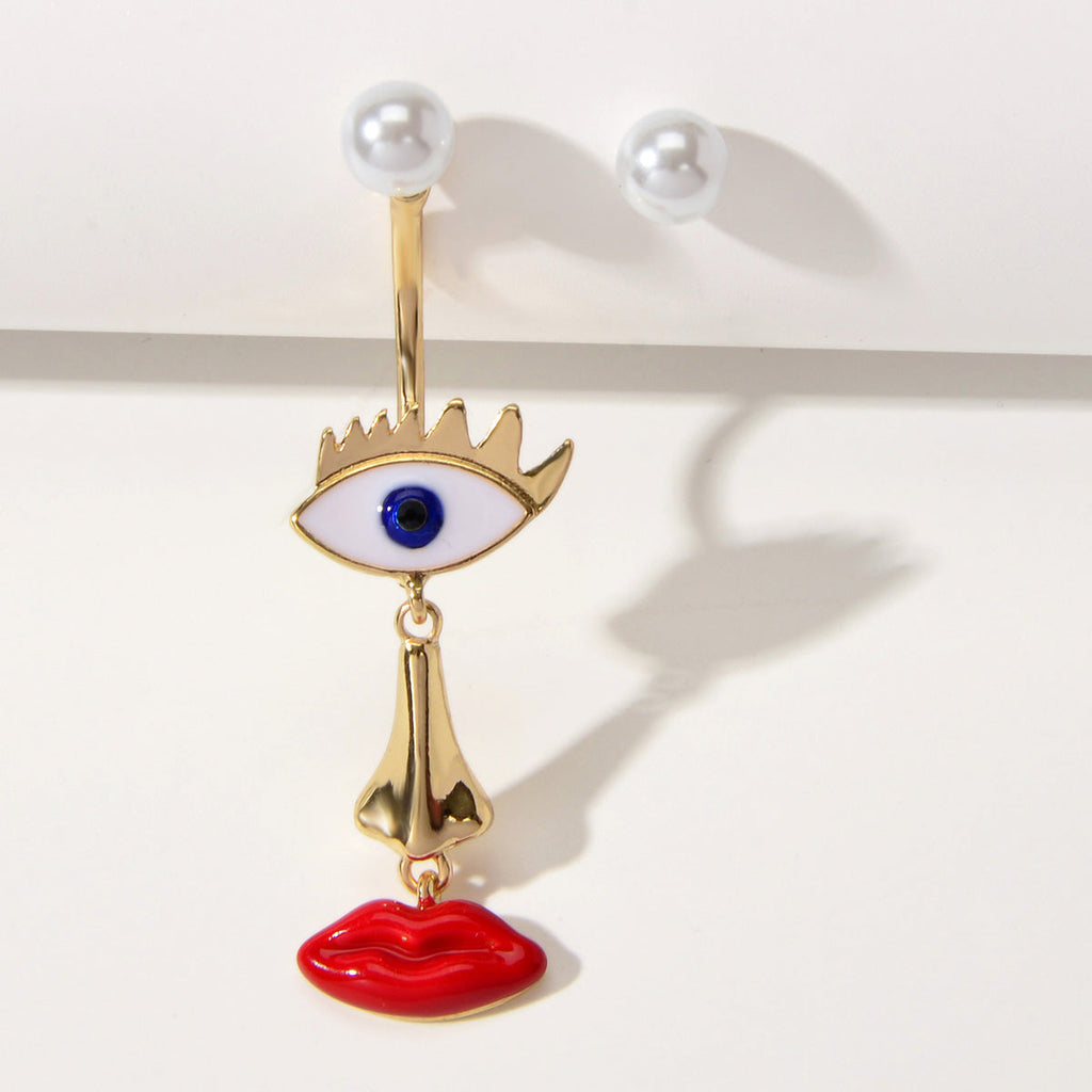 Grunge Rock Asymmetrical Eye Nose Red Lips Funny Weird Face Pearl Stud Earrings-0