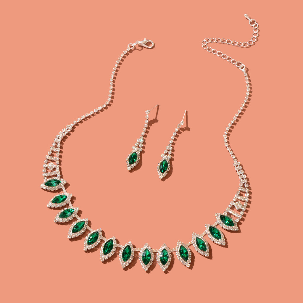 Luxurious Jewellery Set Green Imitation Gemstone Collar Necklace Dangle Earrings-0