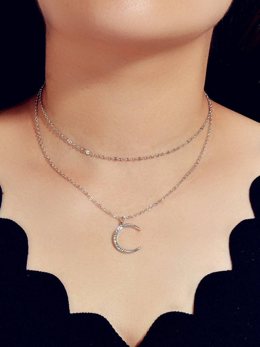 Women Accessories Double layer Chain with Rhinestone Moon Charm Trendy Necklace-0