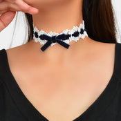 90s White Lace Flower Black Velvet Bowknot Tattoo Choker Necklace Grunge Collar-6 width=100 
