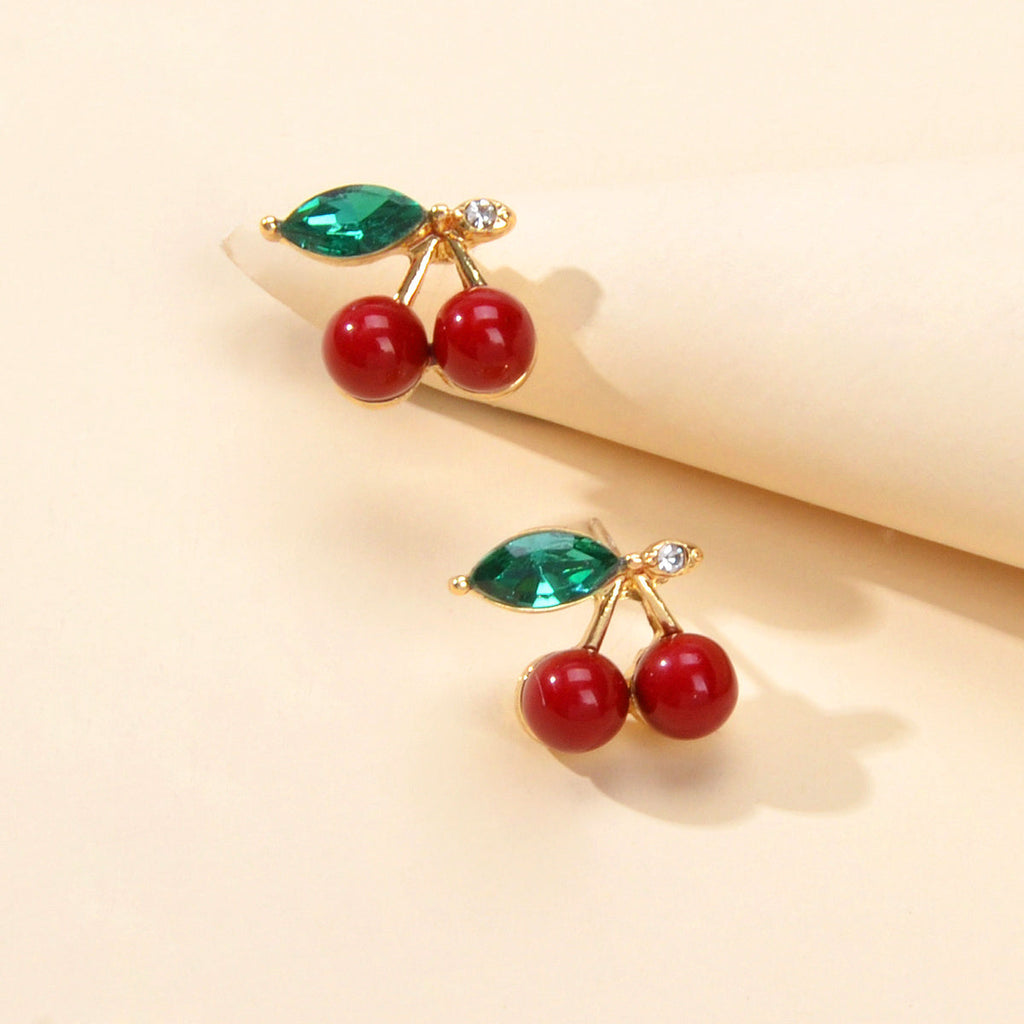 Lovely Fruit Jewellery Green Crystal Leaf Red Beads Stud Elegant Cherry Earrings-0