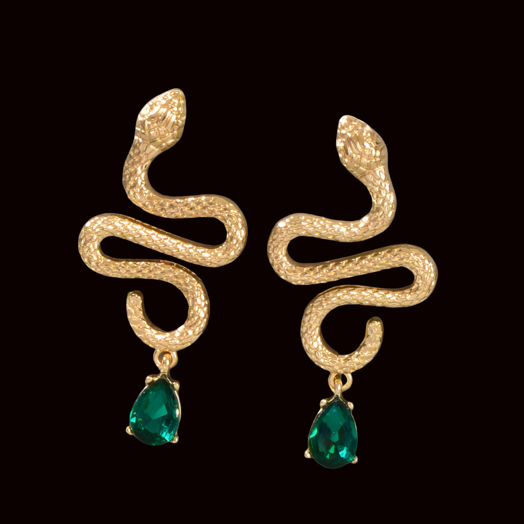 Snake Drop Earrings Dangle Big Green Rhinestone Emerald Charm Stud Punk Jewelry-0