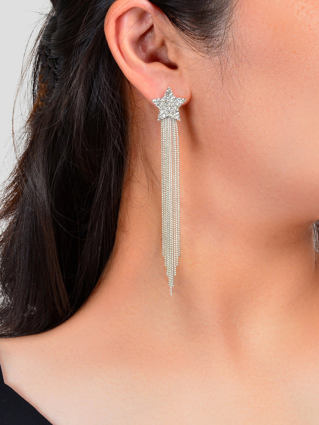Elegant Luxury Rhinestone Decor Star Long Silver Chain Tassels Dangling Earrings-0