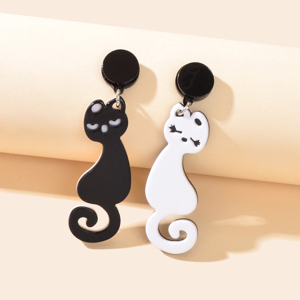 Lovely Asymmetrical White Black Acrylic Lovers Cat Creative Earrings Animal Stud-0