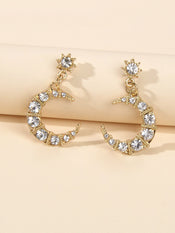 Textured Luxury Full Rhinestone Star Moon Dangle Earrings Wedding Gift Jewellery-0 width=100 