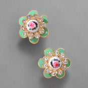 Bohemian Ethnic Rhinestone Decoration Green Enamel Flower Stud Festival Earrings-0 width=100 