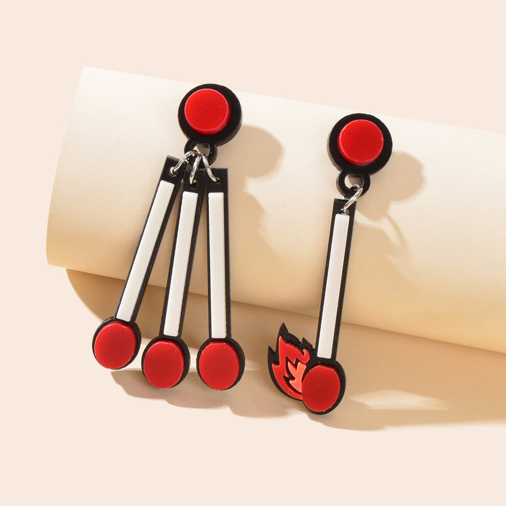 Asymmetrical Personality Accessories Red Acrylic Match Pendant Pierced Earrings-0