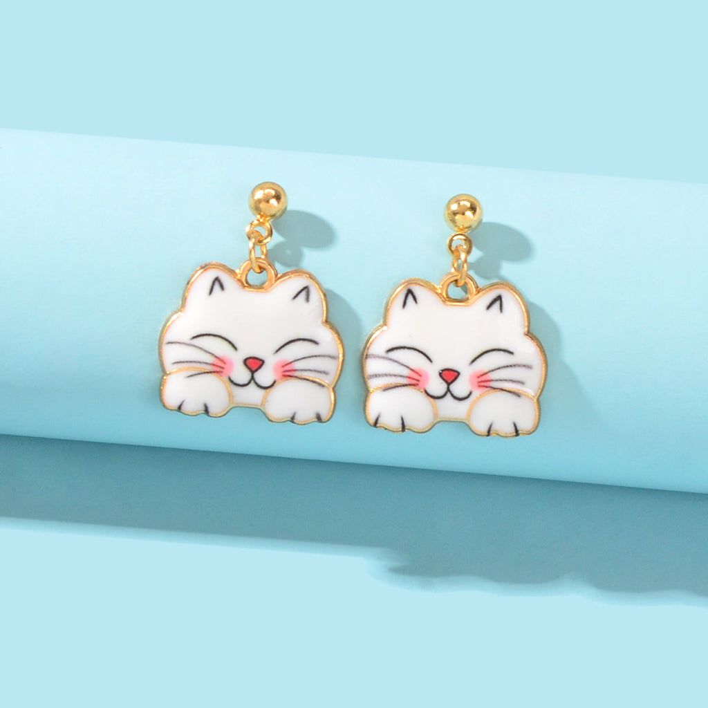 Lovely White Enamel Pet Animal Dangling Charm Earrings Girls Dainty Cat Jewelry-0