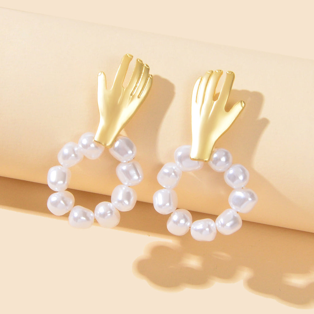 Round Pearl Circle Gold Hand Earrings Piercing Jewellery Ethnic Engagement Gift-0