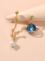 Good Quality Asymmetric Gold Metal Star Moon Pearl Charm Planet Dangle Earrings-0 width=100 