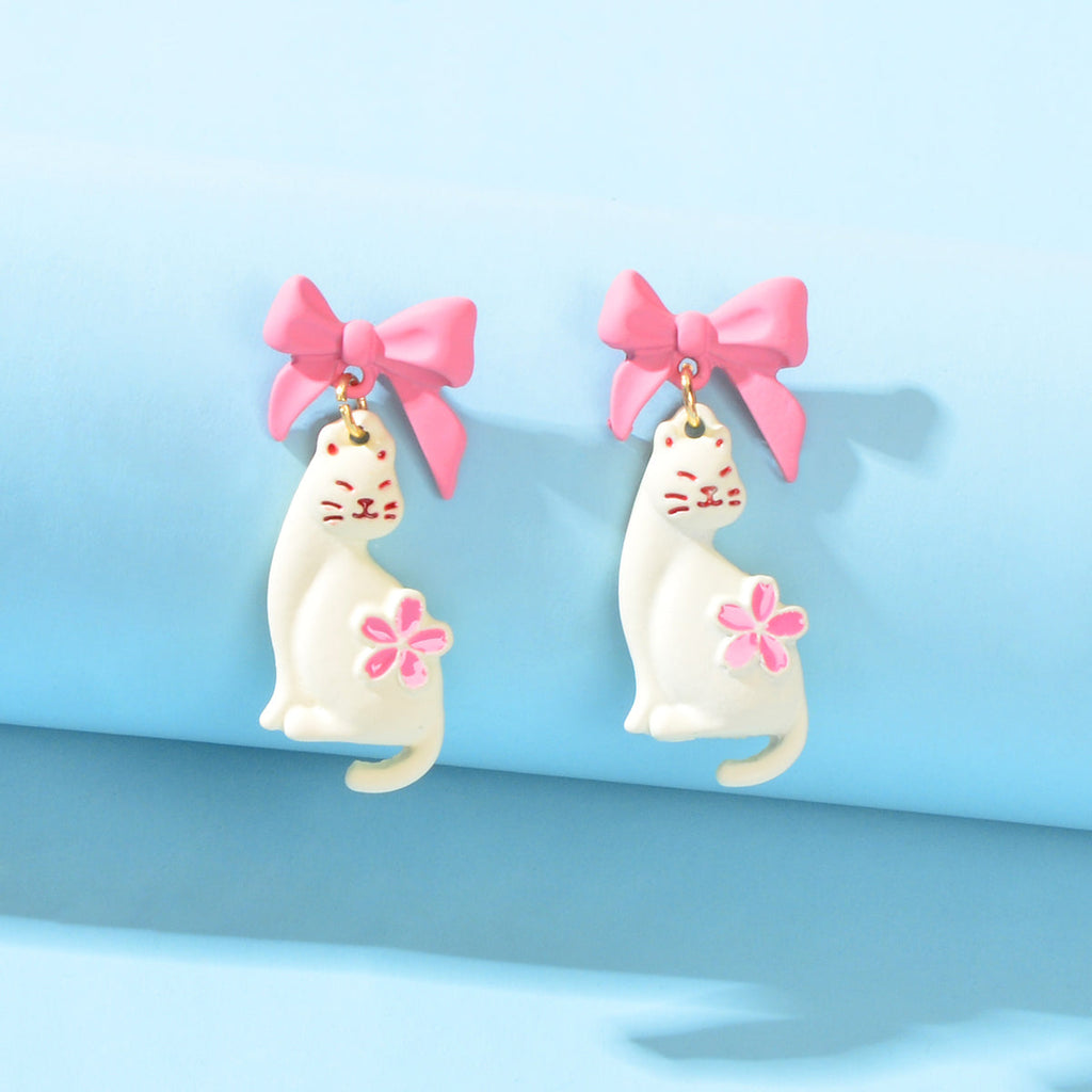 Handmade Cartoon Accessories Flower Bow-knot White Cat Piercing Stud Earrings-0