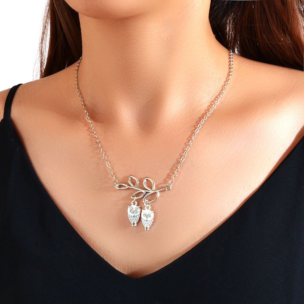 Fashion Designer Silver Chain Lover Owl Branch Necklace Female Accessories Gift-0