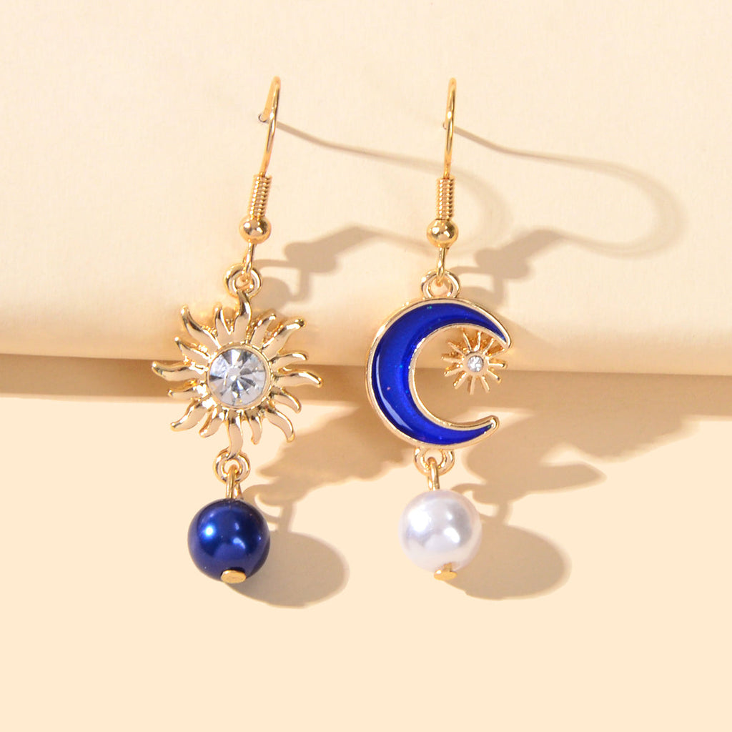 Asymmetrical Design Blue Moon Gold Sun Beads Charm Dangle Hook Textured Earrings-0