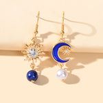 Asymmetrical Design Blue Moon Gold Sun Beads Charm Dangle Hook Textured Earrings-0