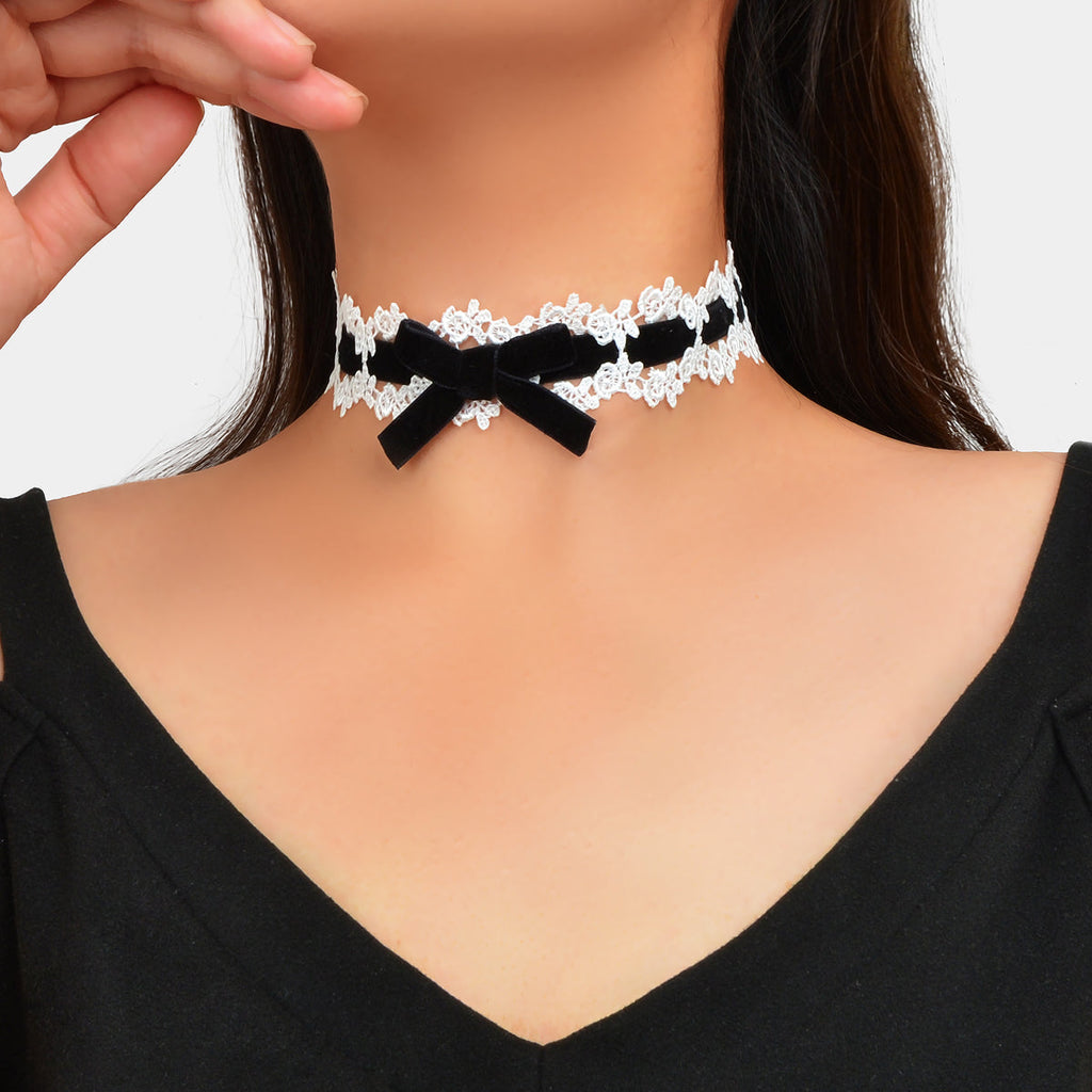 90s White Lace Flower Black Velvet Bowknot Tattoo Choker Necklace Grunge Collar-0