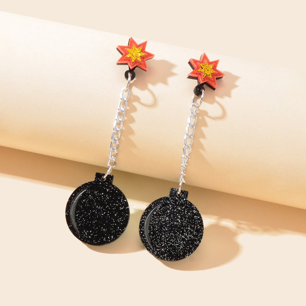 Shiny Long Silver Chain Acrylic Black Bomb Design Charm Party Nightclub Earrings-0