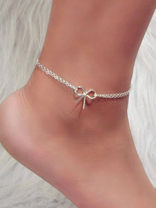 Minimalist Summer Gold Silver Bow Double Layer Chain Anklet Holiday Foot Jewelry-0