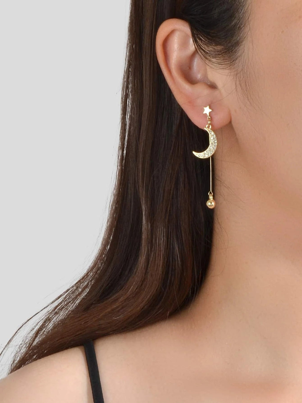 Fashion Rhinestone Ball Pendant Gold Moon Planet Asymmetric Drop Dangle Earrings-0