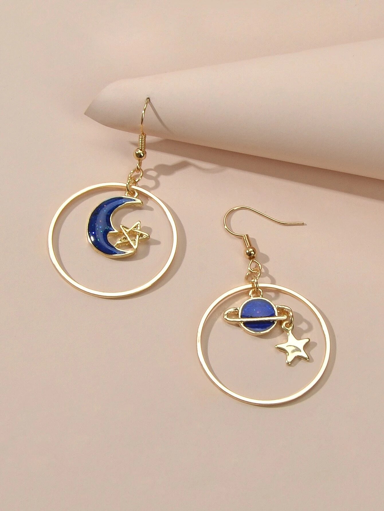 Star Moon Planet Globe Circle Asymmetric Dangle Women Teens Round Hoop Earrings-0
