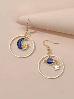 Star Moon Planet Globe Circle Asymmetric Dangle Women Teens Round Hoop Earrings-0 width=100 