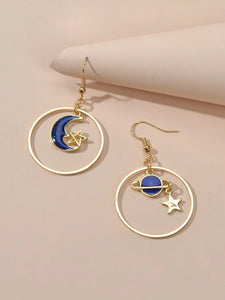Star Moon Planet Globe Circle Asymmetric Dangle Women Teens Round Hoop Earrings-0
