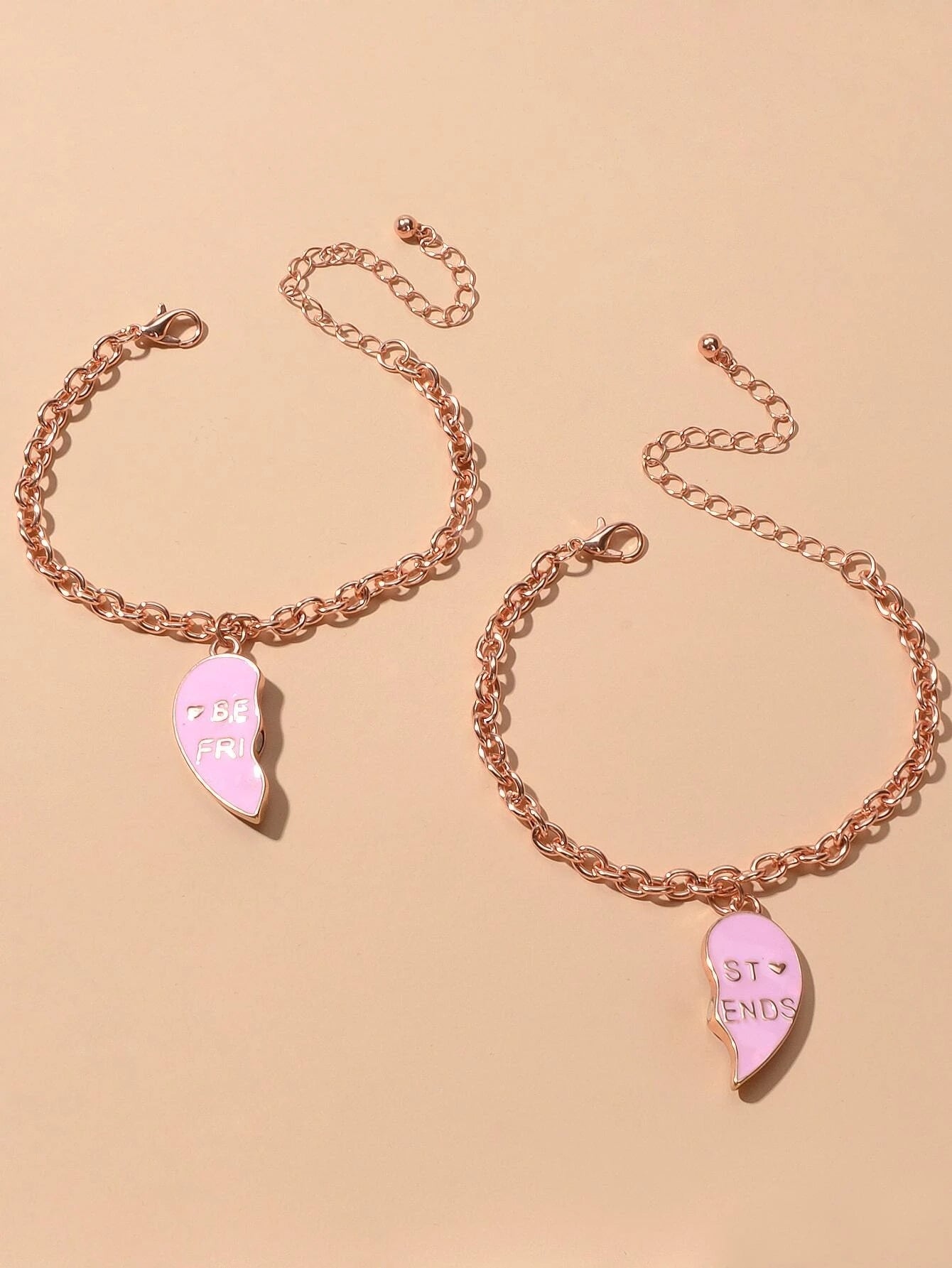 2pcs Rosegold Chain Black Pink Enamel Love Heart Charm Best Friends Bracelet-1