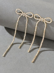 Clear Rhinestone Crystal Tassel Sparkle Bow Tie Dangle Bridal Wedding Earrings-1 width=100 