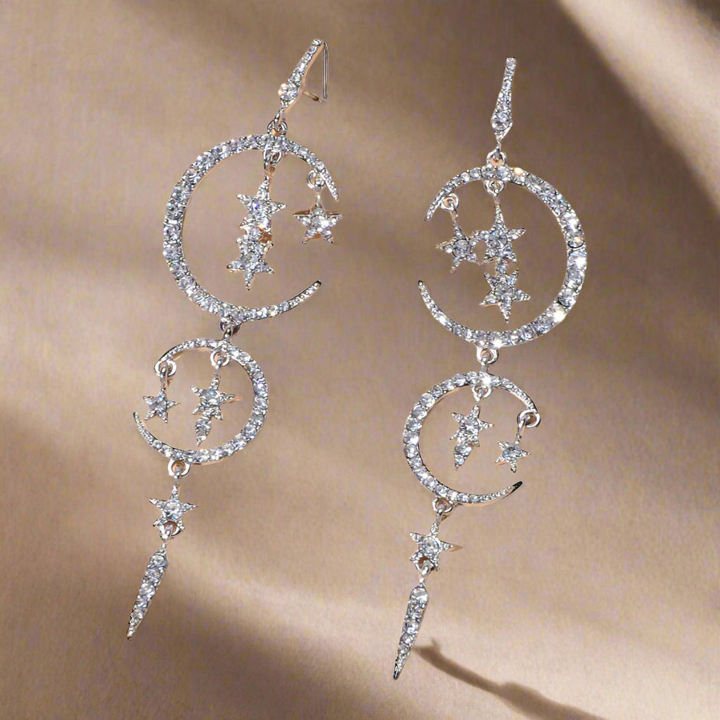 Luxurious Jewelry Full Rhinestone Star Moon Chandelier Shining Wedding Earrings-5