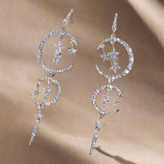 Luxurious Jewelry Full Rhinestone Star Moon Chandelier Shining Wedding Earrings-5