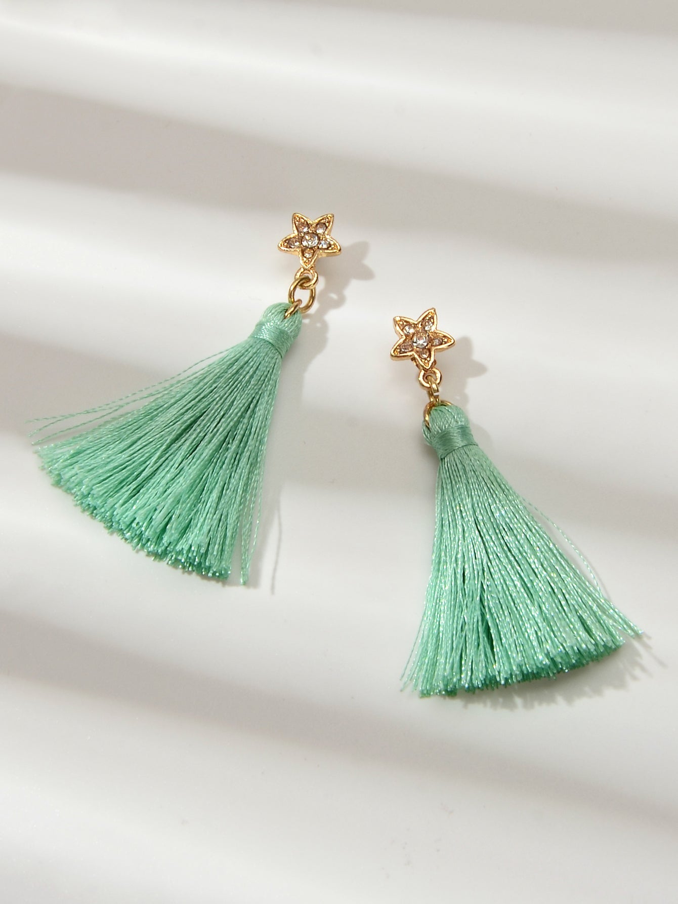 Bohemian Ethnic Jewellery Rhinestone Star Green Tassel Dangle Holiday Earrings-1