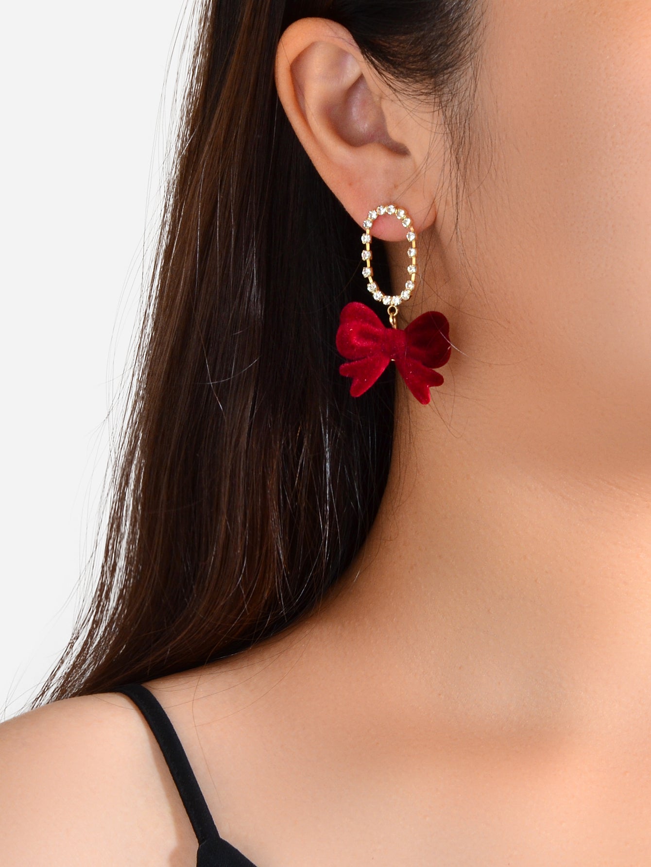 Sparkly Ribbon Bow Dangle Rhinestone Winered Vintage Square Bow Tie Earrings-1