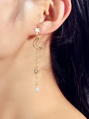 Asymmetric Pearl Rhinestone Decor Long Chain Star Moon Planet Dangle Earrings-1 width=100 