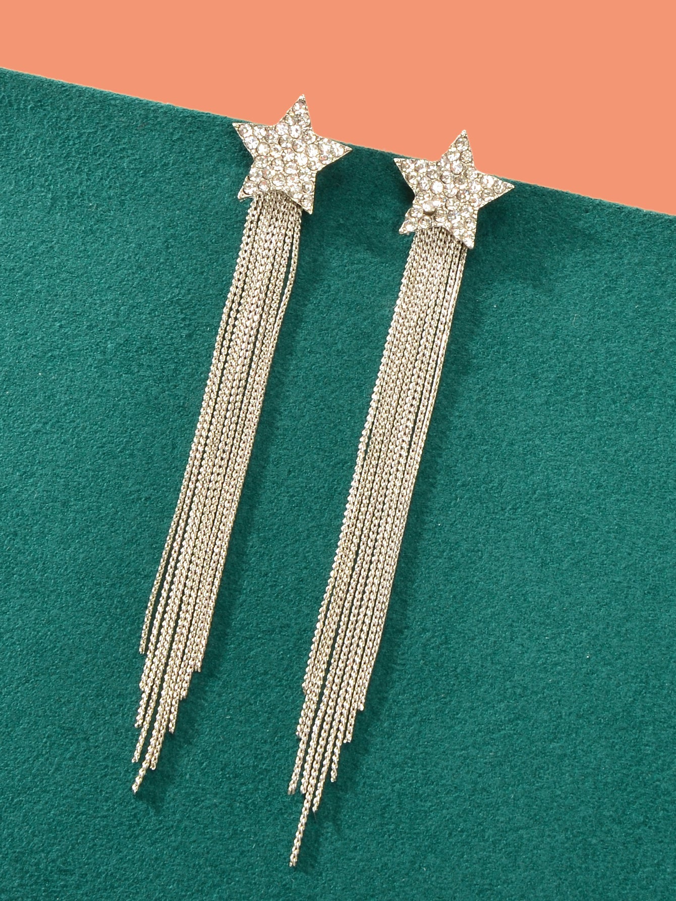 Elegant Luxury Rhinestone Decor Star Long Silver Chain Tassels Dangling Earrings-1