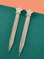 Elegant Luxury Rhinestone Decor Star Long Silver Chain Tassels Dangling Earrings-1 width=100 
