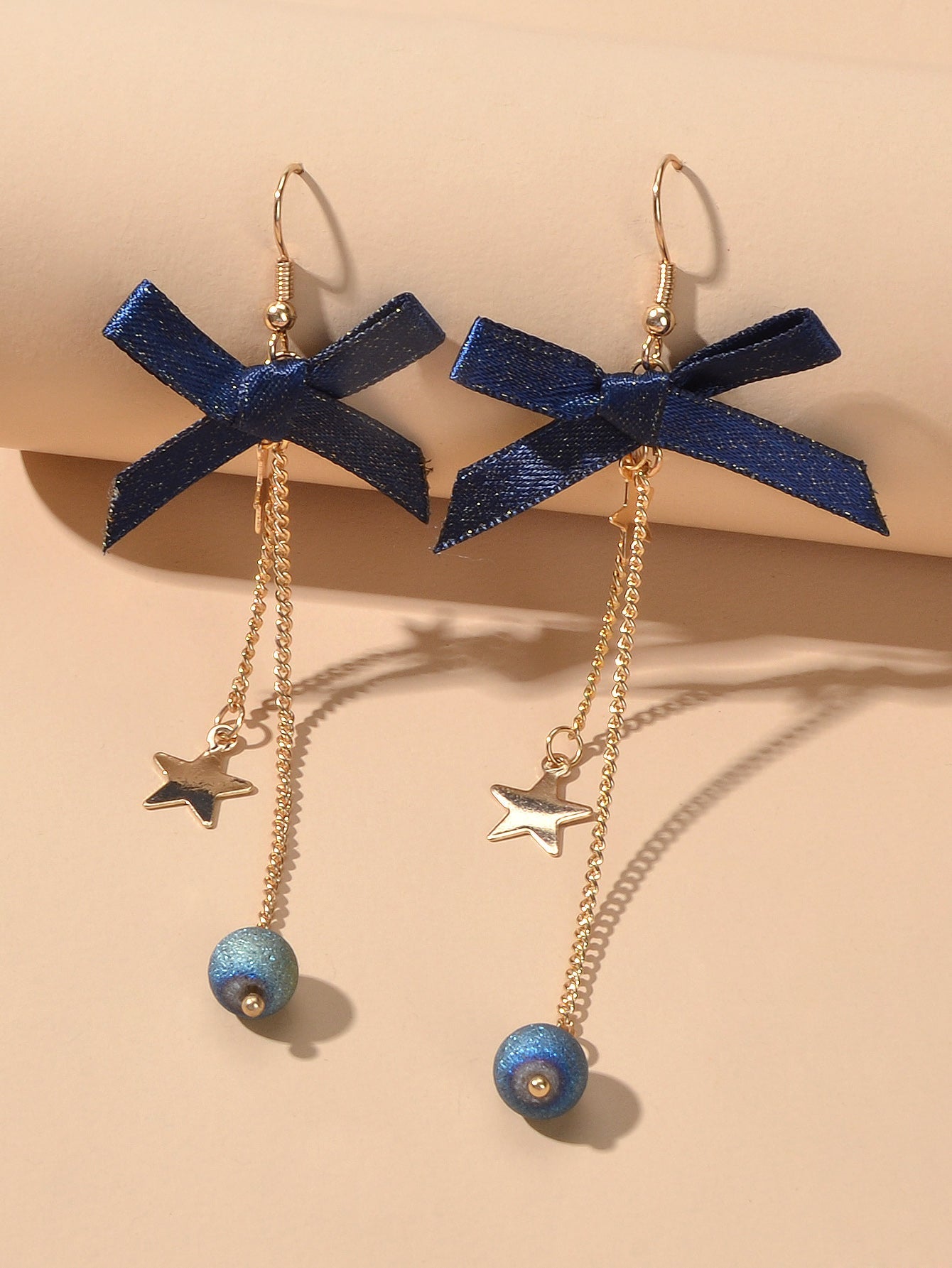Sweet Design Blue Ribbon Bowknot Long Gold Chain Star Beads Pendant Earrings-1
